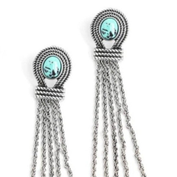 Paparazzi Silver and Turquoise Fringe Earrings Santa Fe Spell Green Post Jewelry - Picture 4 of 4